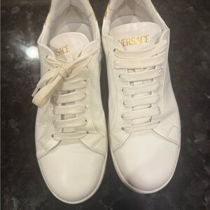 Versace Women's White and Gold Sneakers